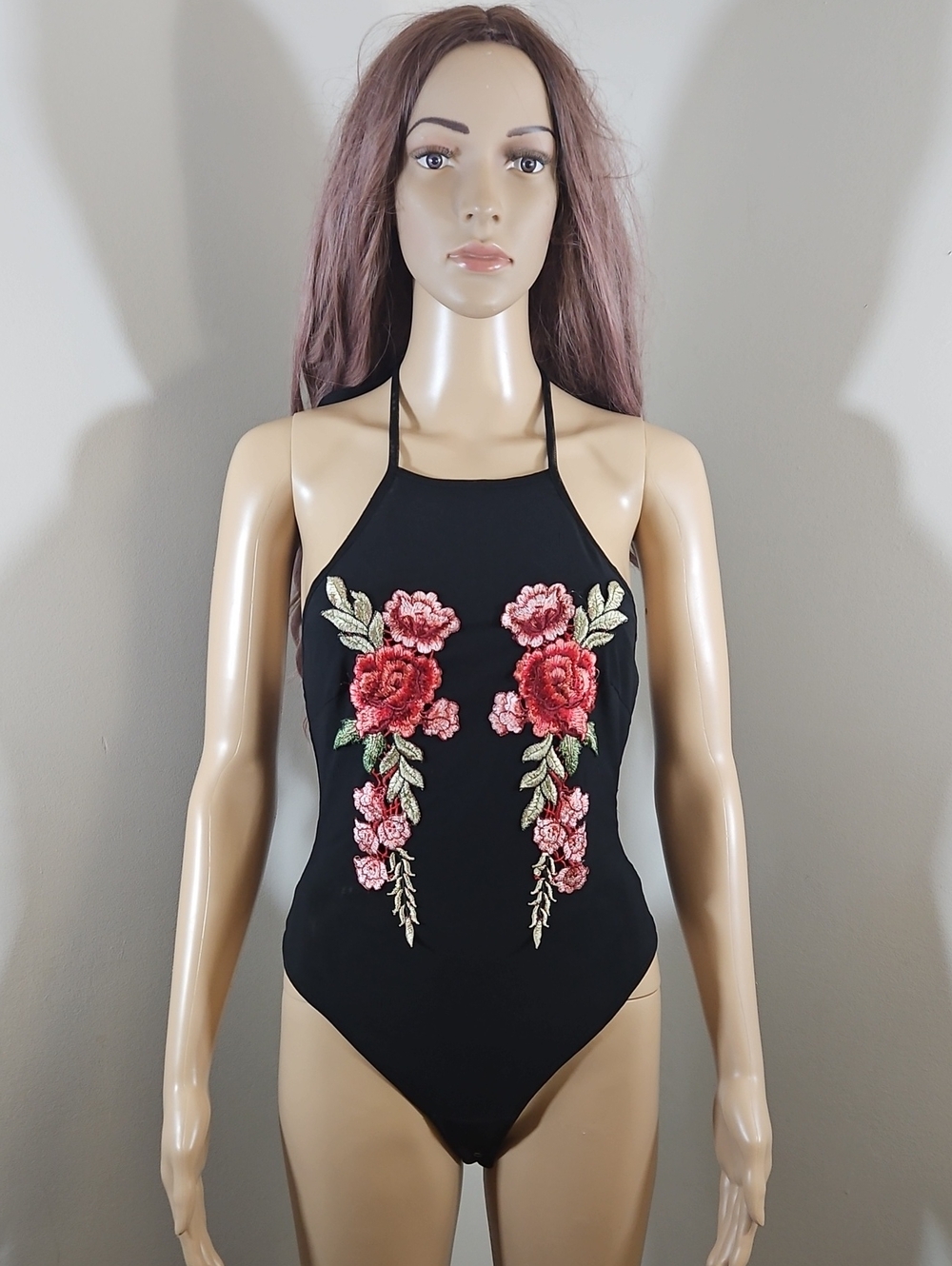 Call Me Eden Sheer Black Floral Embroidered Halter Top Bodysuit